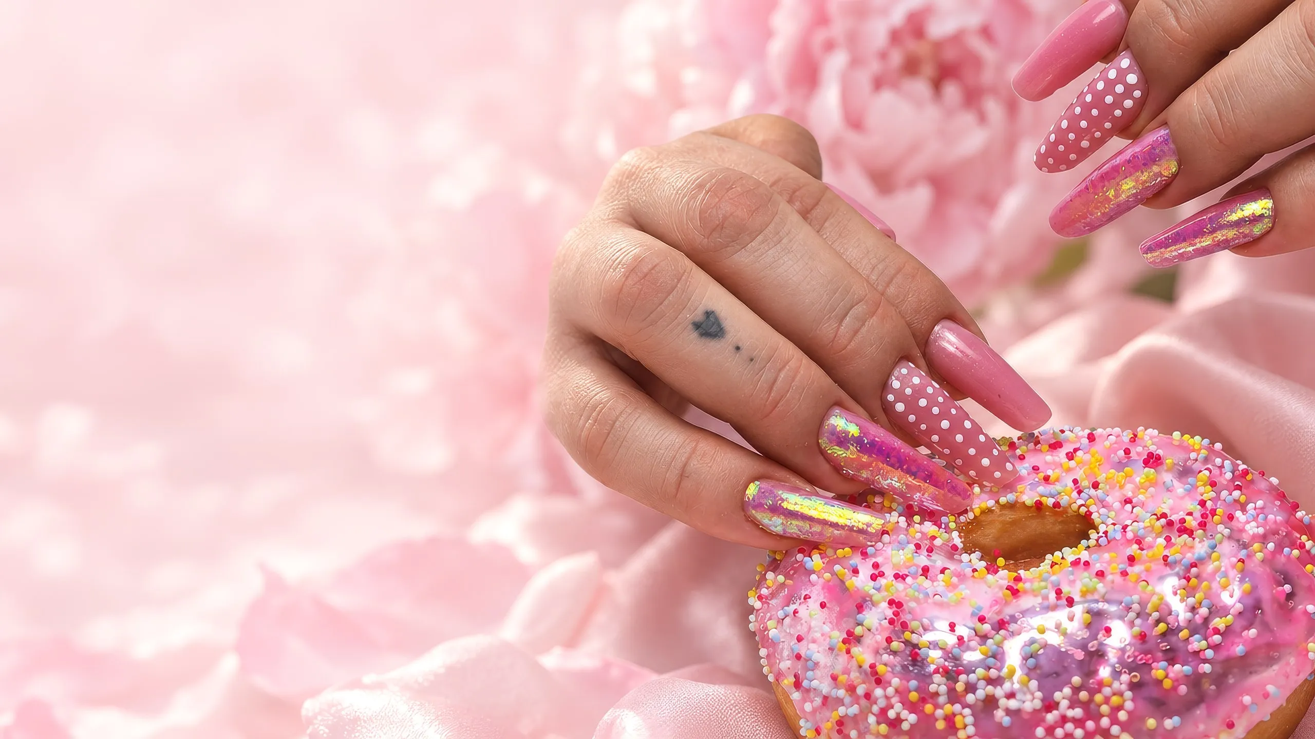 Lange roze nagels met witte stippen en parelmoer-chrome bij een roze donut met spikkels